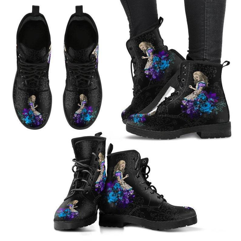 Damen nan modische knöchelhohe Schnür-Bikerboots mit auffälligem Totenkopf-Rosen-Print und robuster Profilsohle Drune