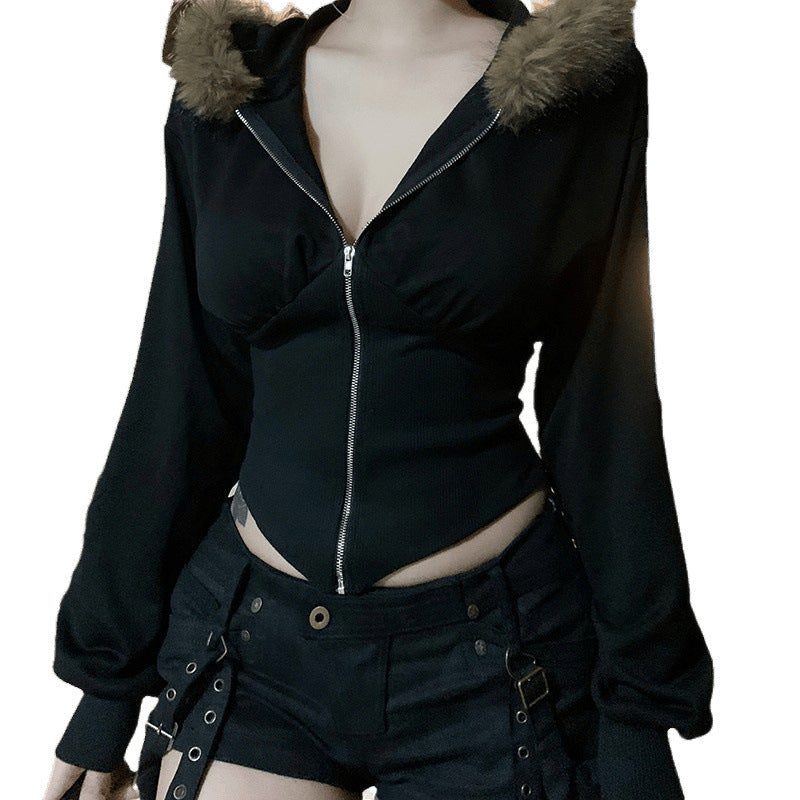 Damen Kurzgeschnittene Kapuzenjacke mit figurformender Rippen‑Corsage und durchgehendem Reißverschluss Drune