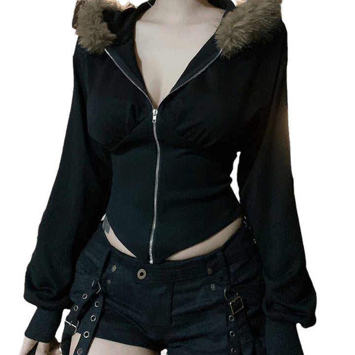 Damen Kurzgeschnittene Kapuzenjacke mit figurformender Rippen‑Corsage und durchgehendem Reißverschluss Drune