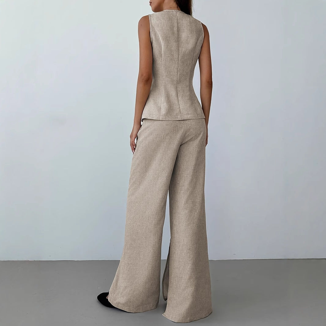 Damen elegantes Ensemble aus ärmellosem Blazer und weiten Hosen Drune