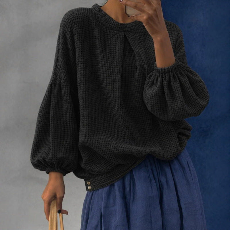 Damen Oversize Waffelstrickpullover mit Ballonärmeln und Kellerfalte Drune