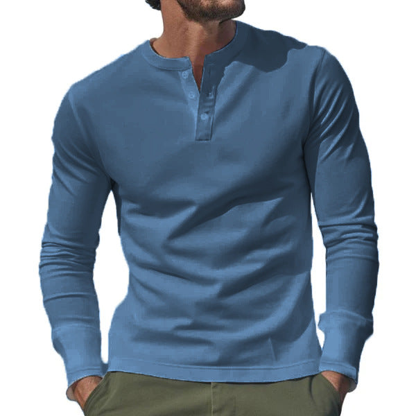 Herren nan langärmeliges Henley-Longsleeve mit Stehkragen, 3-Knopfleiste und elastischem Baumwollstretch Drune