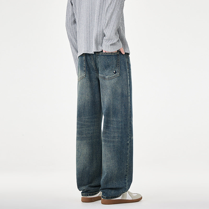 Herren Gerade geschnittene weite Jeans mit hohem Bund und Vintage-Waschung Drune