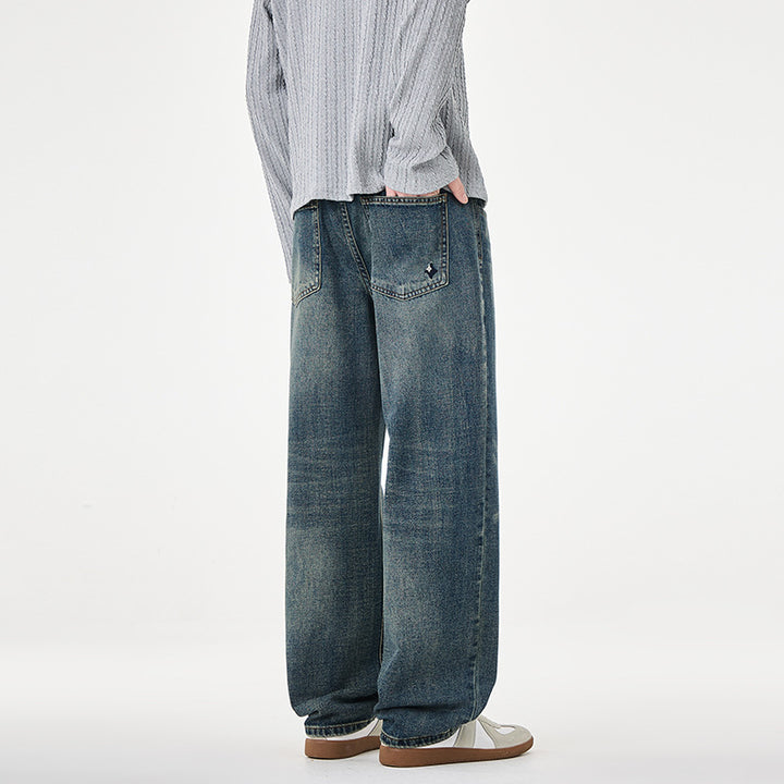 Herren Gerade geschnittene weite Jeans mit hohem Bund und Vintage-Waschung Drune