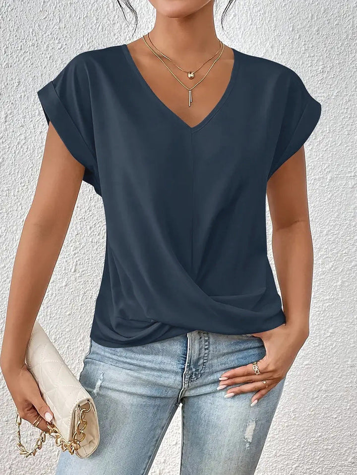 Damen elegante V-Ausschnitt Bluse mit lässiger Drapierung Drune