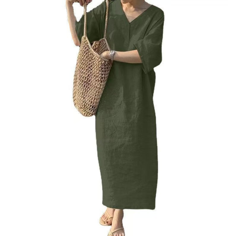 Damen Lässiges Leinen-Maxikleid mit V-Ausschnitt und Oversize-Relax-Fit Drune