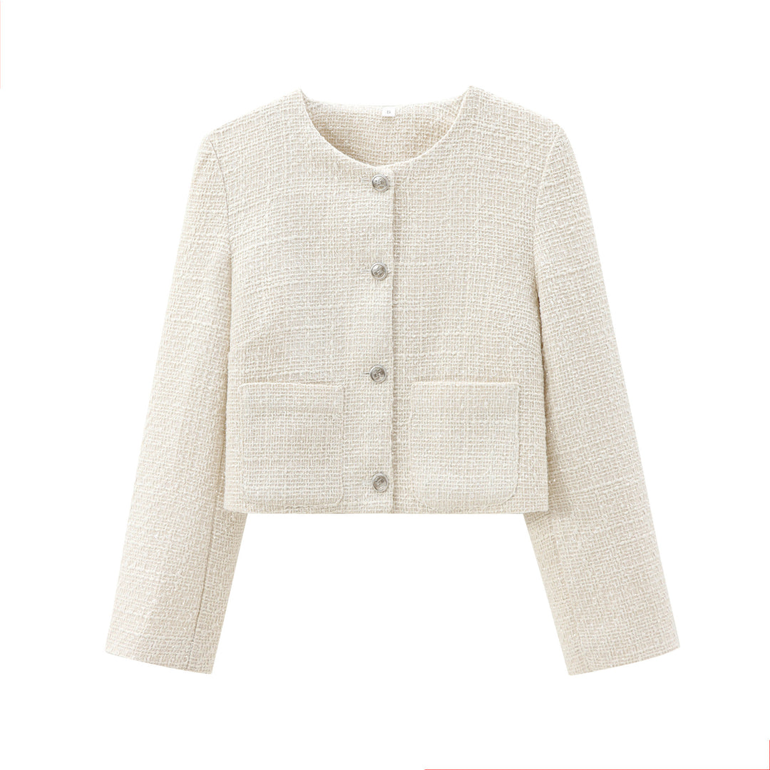 Damen elegante Kurzjacke im strukturierten Tweed-Stil mit praktischen Taschen Drune