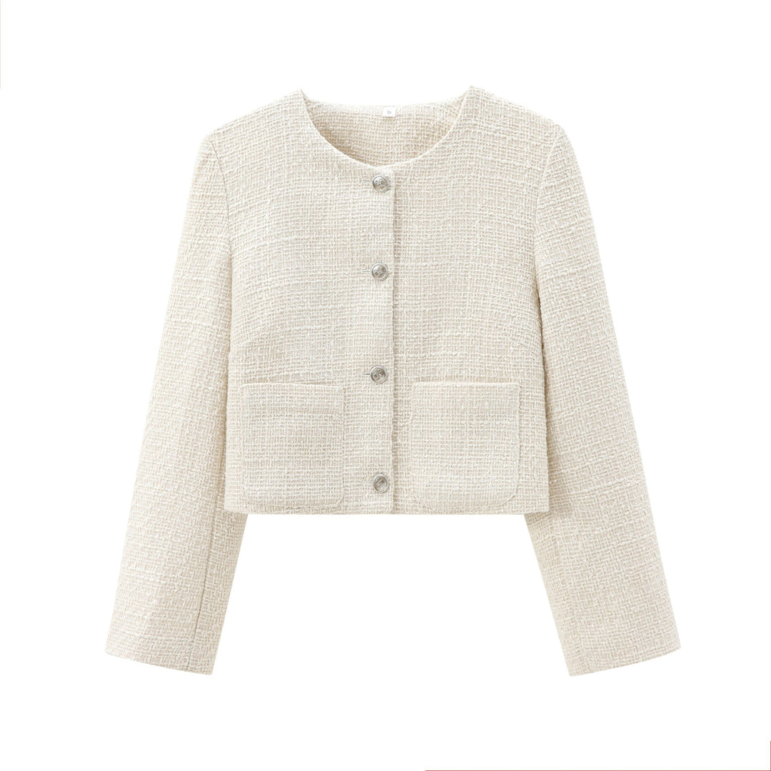 Damen elegante Kurzjacke im strukturierten Tweed-Stil mit praktischen Taschen Drune