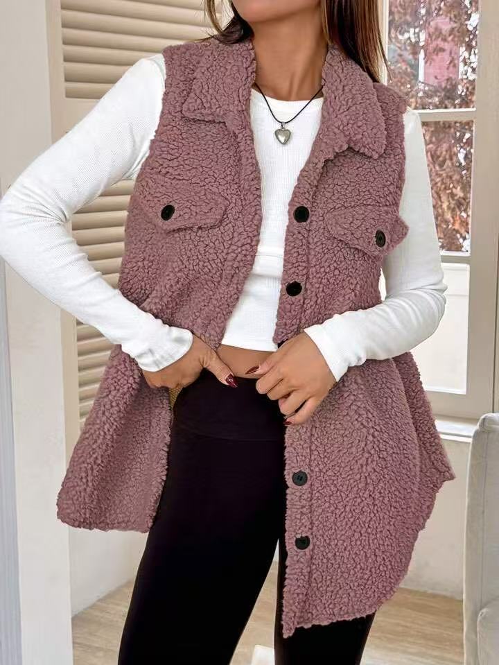 Damen Plüsch Weste mit Taschen Drune