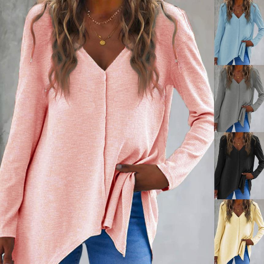 Damen V-Ausschnitt Feinstrick-Tunika mit asymmetrischem Saum und seitlichem Schlitz Drune