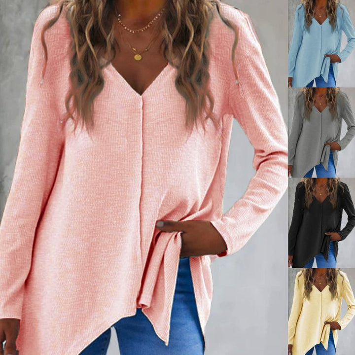 Damen V-Ausschnitt Feinstrick-Tunika mit asymmetrischem Saum und seitlichem Schlitz Drune