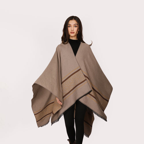 Damen Cape-Poncho aus Feinstrick mit Leoparden-Bordüre und asymmetrischem Saum Drune
