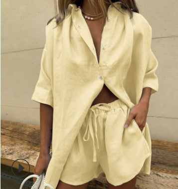 Damen lässiges Leinenhemd mit Shorts-Set Drune