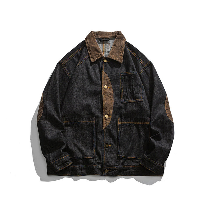 Herren Boxy Denim-Workerjacke mit Cordkragen, Pattentaschen und Ellbogenpatches Drune