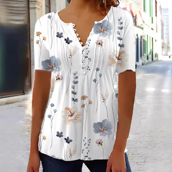 Damen nan leichte Viskose-Tunika mit Ziersteckfalten, halber Knopfleiste und Aquarellblumenprint Drune