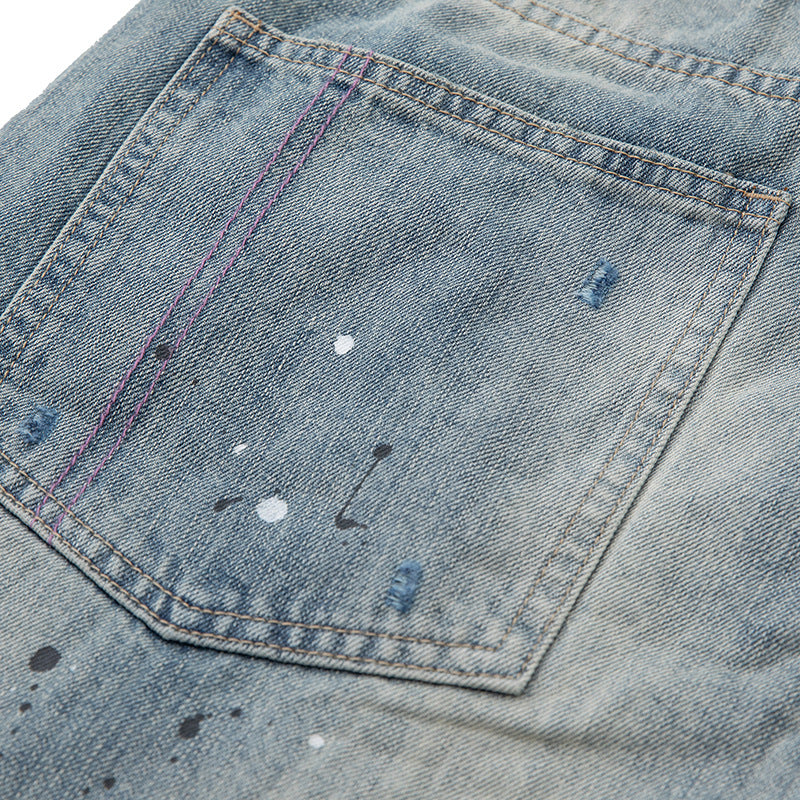 Damen Baggy-Jeans mit hoher Taille, verkürztem Bein und Lackspritzern Drune