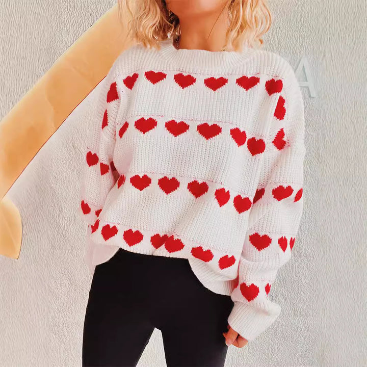 Damen gemütlicher Herzmuster-Strickpullover mit weiten Ärmeln Drune