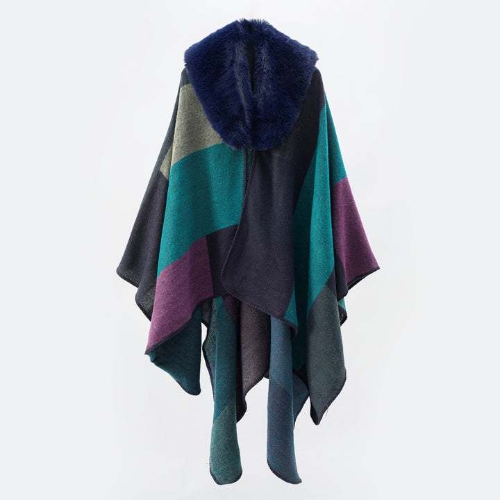 Damen Oversize-Capeponcho mit Kunstfellkragen und Colorblock-Jacquard Drune