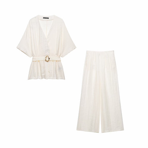 Damen Zweiteiler Kimono-Top mit Taillengürtel und weiter Bundfaltenhose Drune