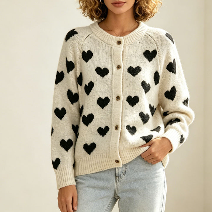 Damen Kuscheliger Jacquard-Cardigan mit Herzmotiv, Raglanärmeln und Knopfleiste Drune
