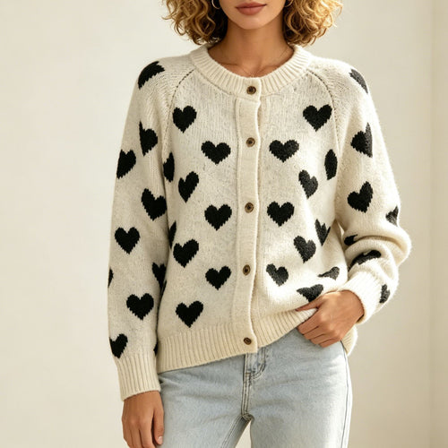 Damen Kuscheliger Jacquard-Cardigan mit Herzmotiv, Raglanärmeln und Knopfleiste Drune