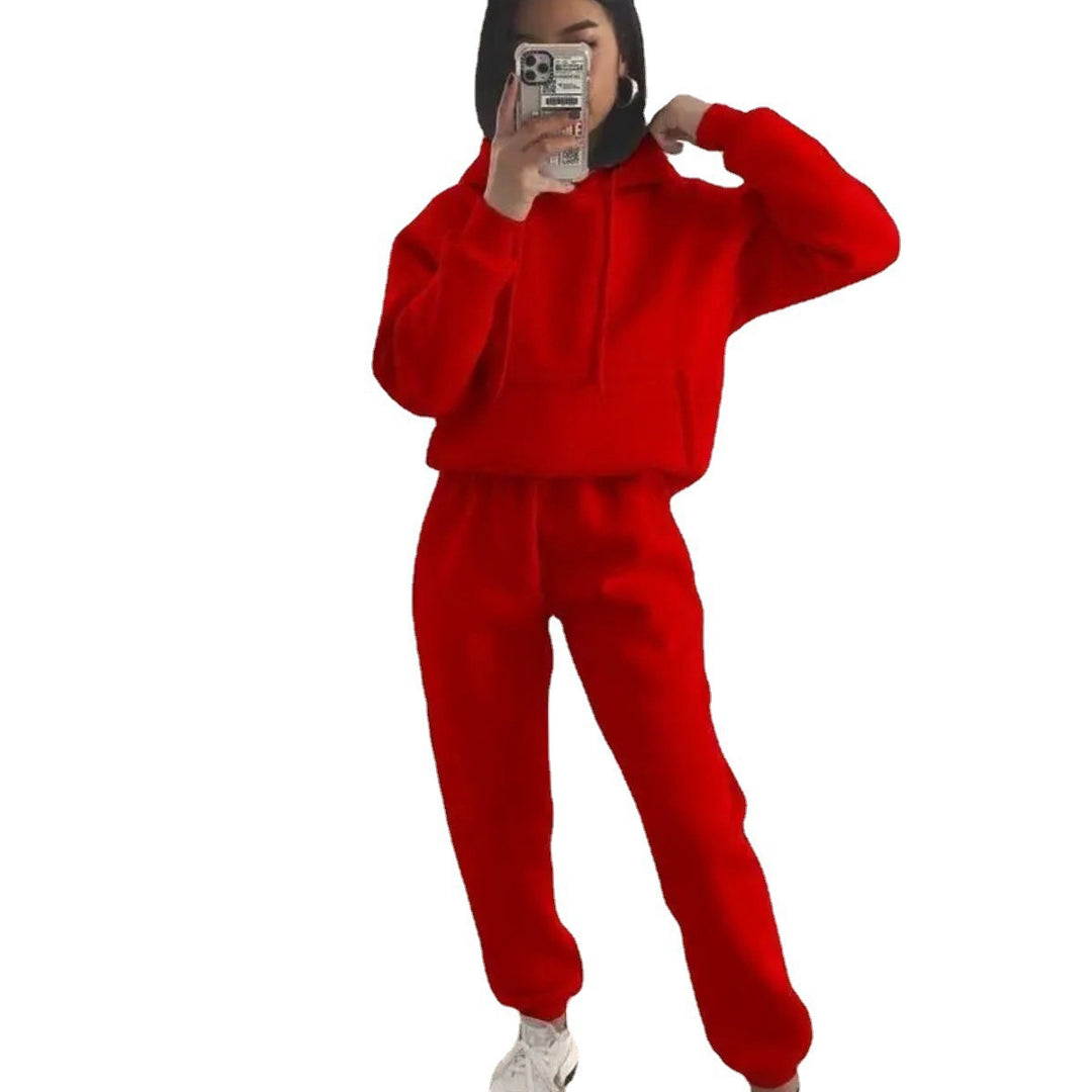 Damen sportliches Fleece-Joggingset mit Kapuze und elastischem Bund Drune