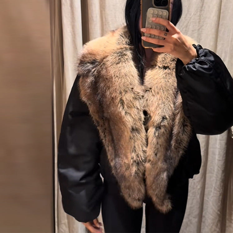 Damen Oversize-Bomberjacke mit voluminösem Fellkragen und Satinärmeln Drune