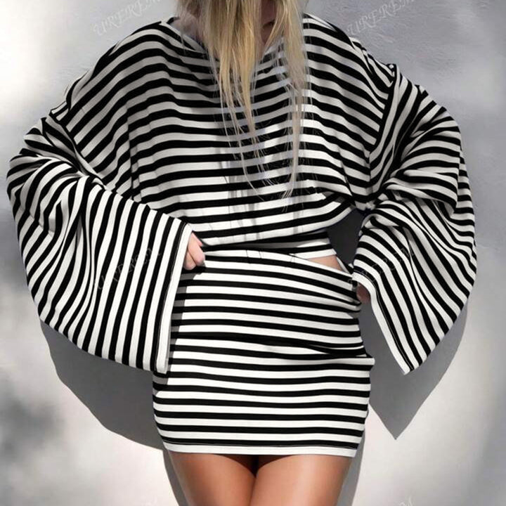 Damen nan gestreiftes Cut-Out-Longsleeve mit weitem Arm und taillierter Schichtung Drune