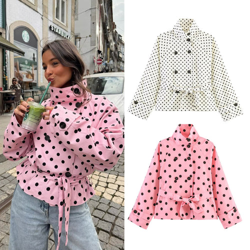 Damen Kurz geschnittener Regenmantel mit Polka-Dot-Muster und Bindegürtel Drune