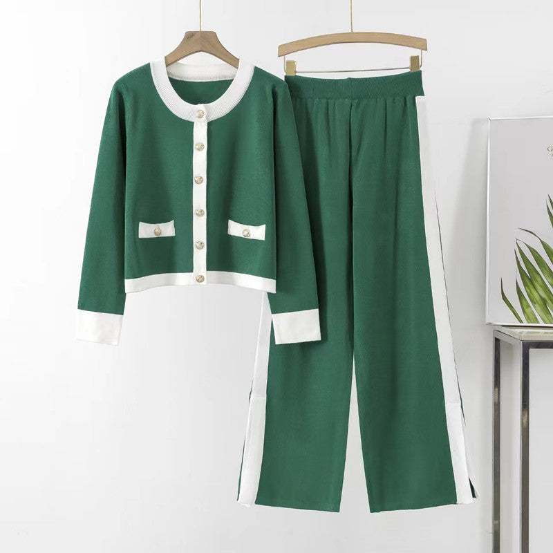 Damen Strick-Loungewear-Set mit dekorativen Knöpfen und seitlichem Schlitz Drune
