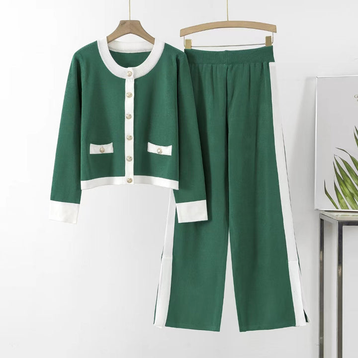 Damen Strick-Loungewear-Set mit dekorativen Knöpfen und seitlichem Schlitz Drune
