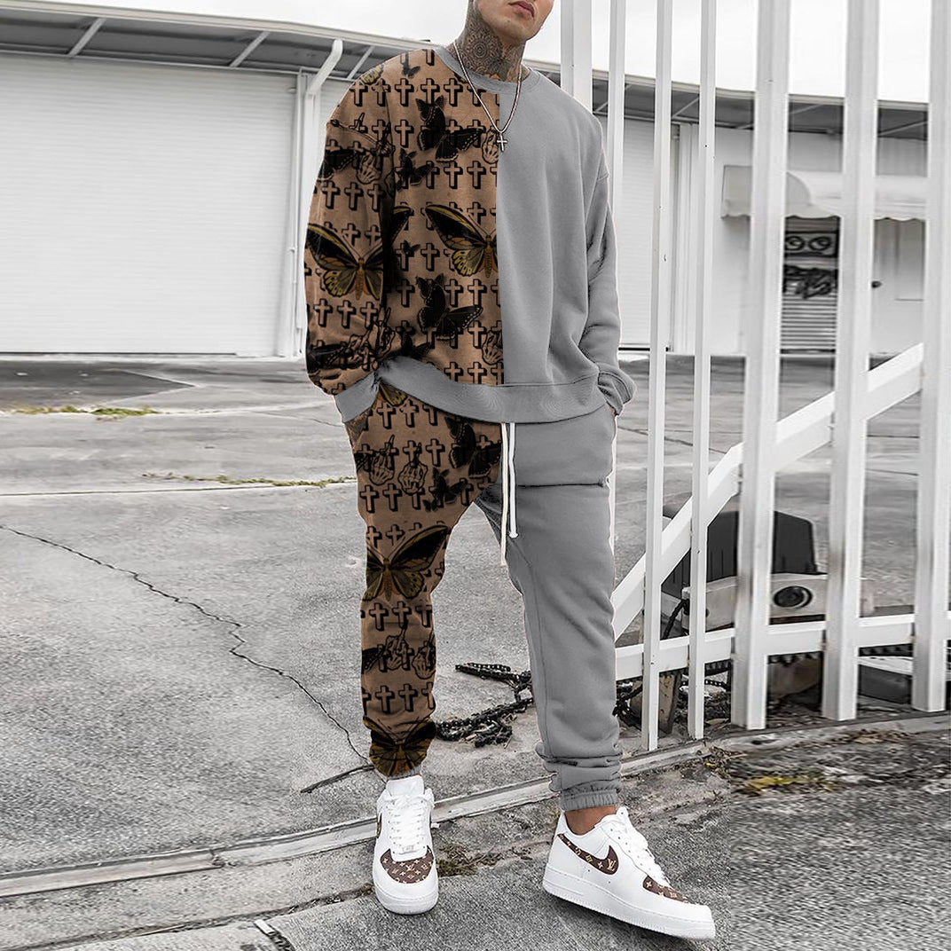 Herren Weit geschnittenes Freizeit-Set aus Baumwollfleece mit grafischem Frontprint und Kordel-Jogger Drune