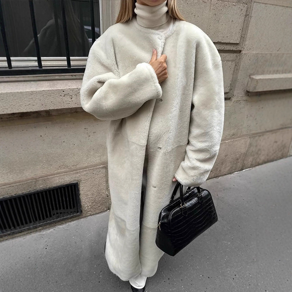 Damen Oversize Langer Kunstfell-Mantel mit Taillengürtel und Stehkragen Drune