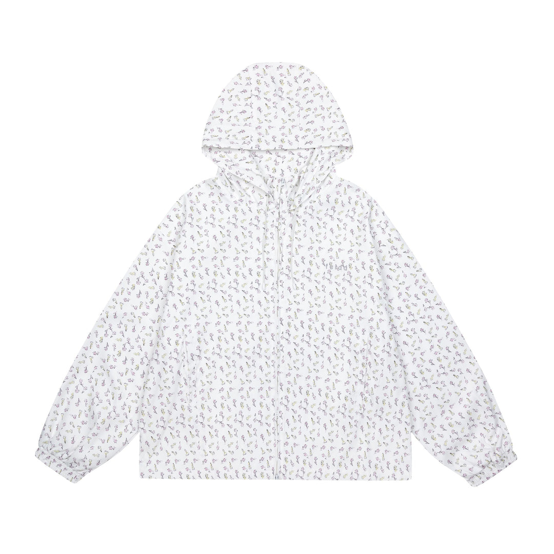 Damen leichte Kapuzenjacke mit floralem Allover‑Print und elastischen Bündchen Drune