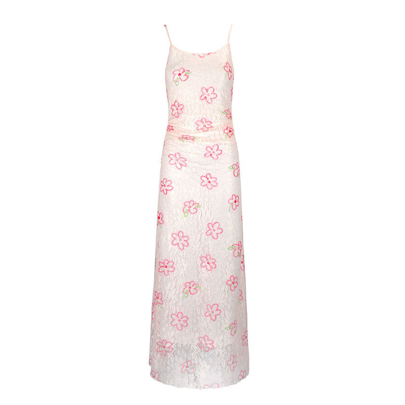 Damen Maxikleid mit floralem Spitzenmuster und verstellbaren Trägern Drune