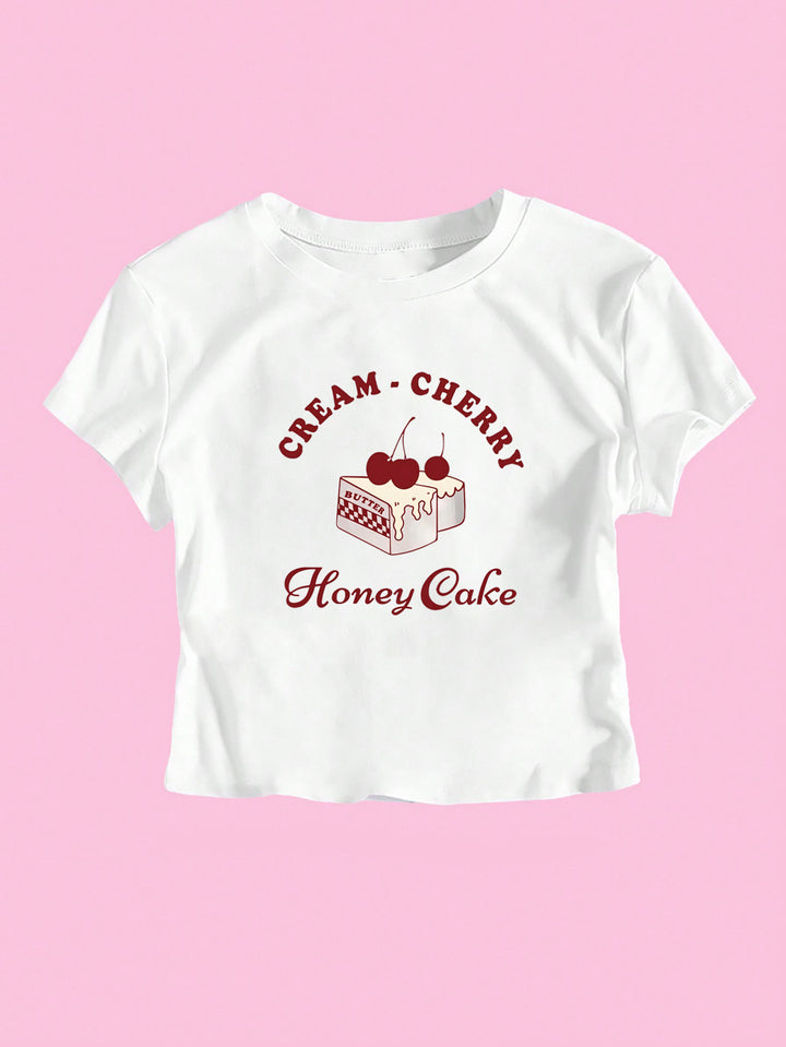 Damen Crop-T-Shirt mit kreativem Dessert-Motiv und modernem Schnitt Drune