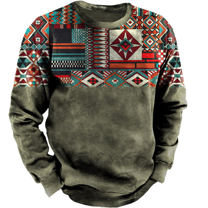 Herren-Sweatshirt mit ethnischem Blockdruck, Vintage-Fade-Effekt und Rundhalsausschnitt Drune
