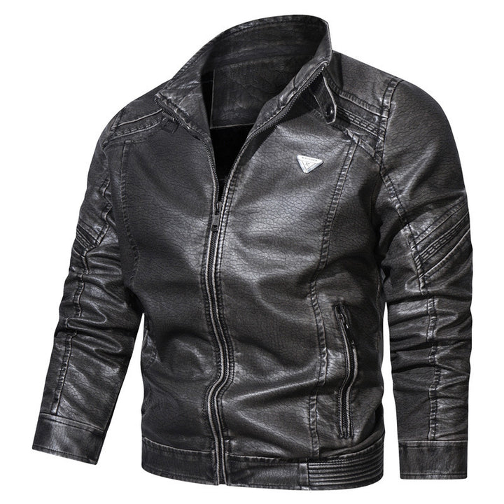 Herren Kunstleder‑Fliegerblouson im Used‑Denim‑Look mit Stehkragen und Reißverschlusstaschen Drune