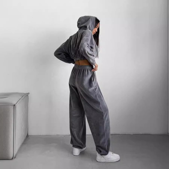 Damen Velours-Lounge-Set mit kurzem Reißverschluss-Hoodie, elastischer High-Waist-Jogginghose und Bustier Drune