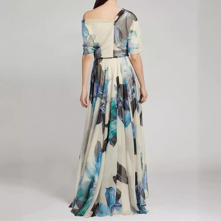 Damen elegantes Chiffon-Kleid mit schulterfreiem Design und floralem Muster Drune