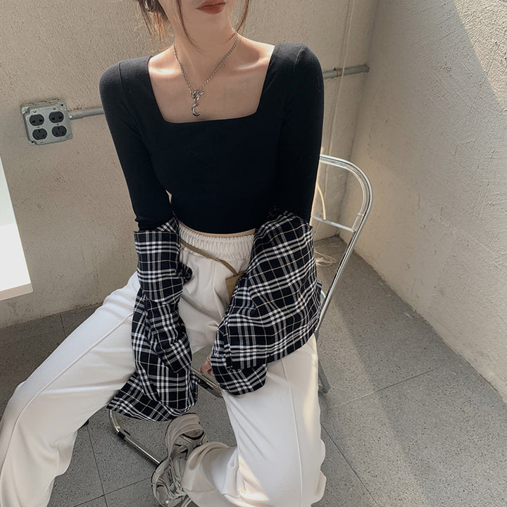 Damen Langarm Crop-Top mit elegantem Quadrat-Ausschnitt und figurumspielendem Schnitt