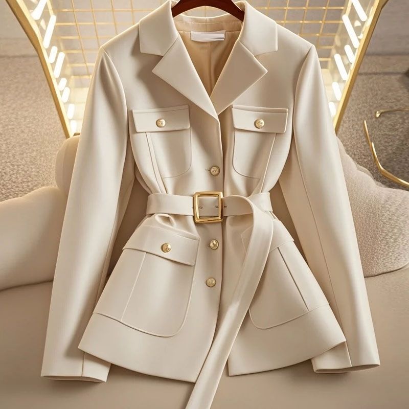 Damen Modischer Blazer mit Taillengürtel und Taschen Drune