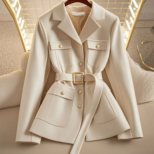 Damen Modischer Blazer mit Taillengürtel und Taschen Drune