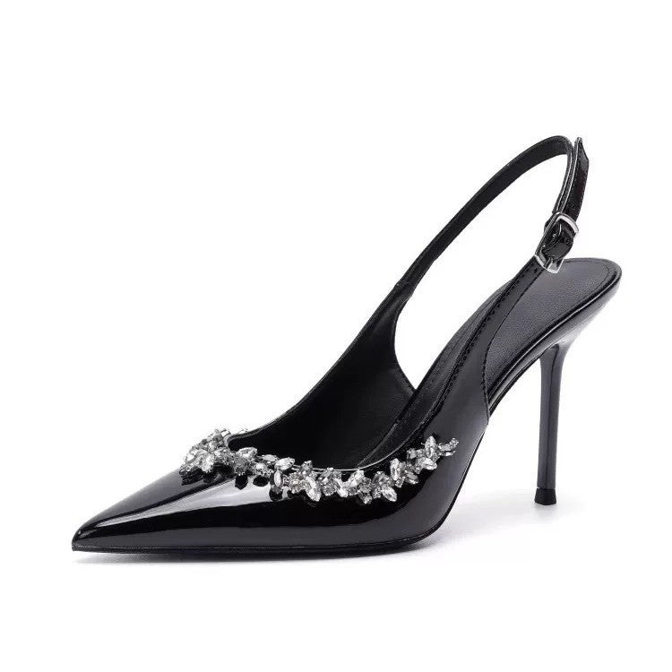 Damen Satin-Slingback-Pumps mit spitzer Zehenform und funkelnder Strass‑Applikation Drune