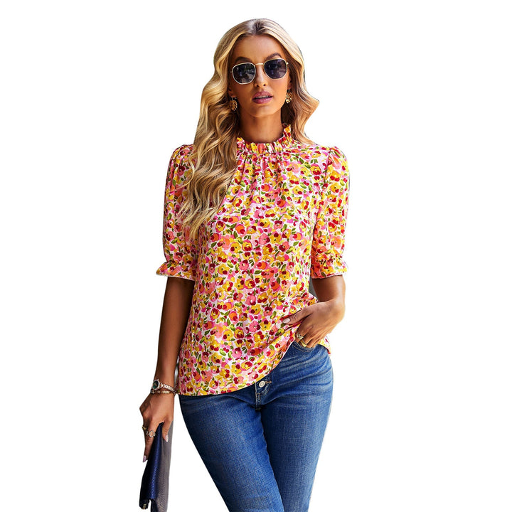 Damen Bluse mit Verspieltem Blumendesign und Puffärmeln Drune