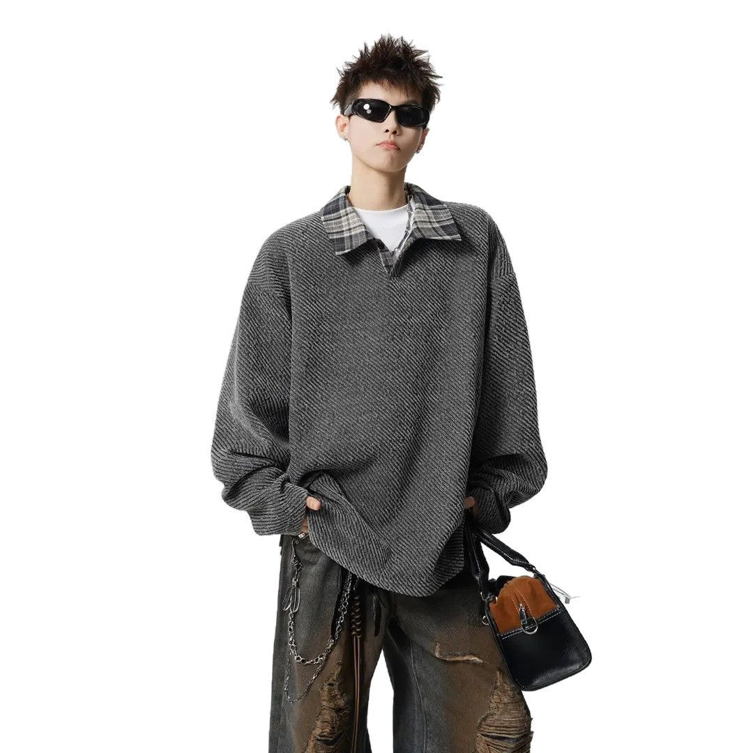 Herren Oversize Strukturiertes Sweatshirt mit Polokragen und diagonaler Strickstruktur Drune