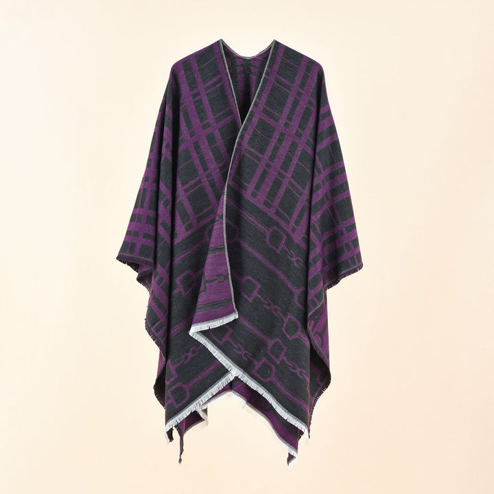 Damen Jacquard-Umhang mit Steigbügel‑Motiv und Fransensaum Drune