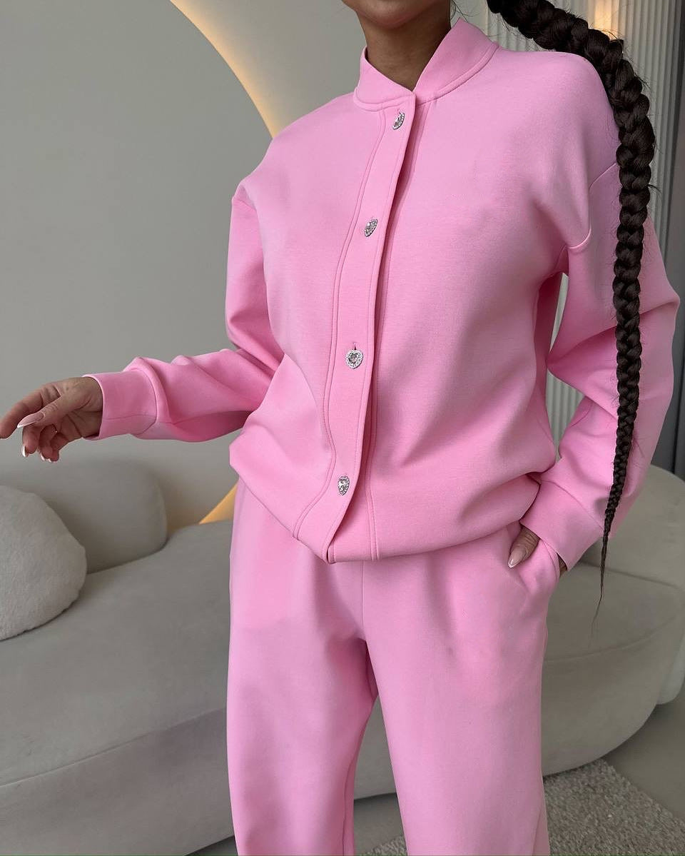Damen Zweiteiliges Loungewear-Set mit Stehkragen, dekorativen Schmuckknöpfen und weitem Palazzo-Hosenbein Drune