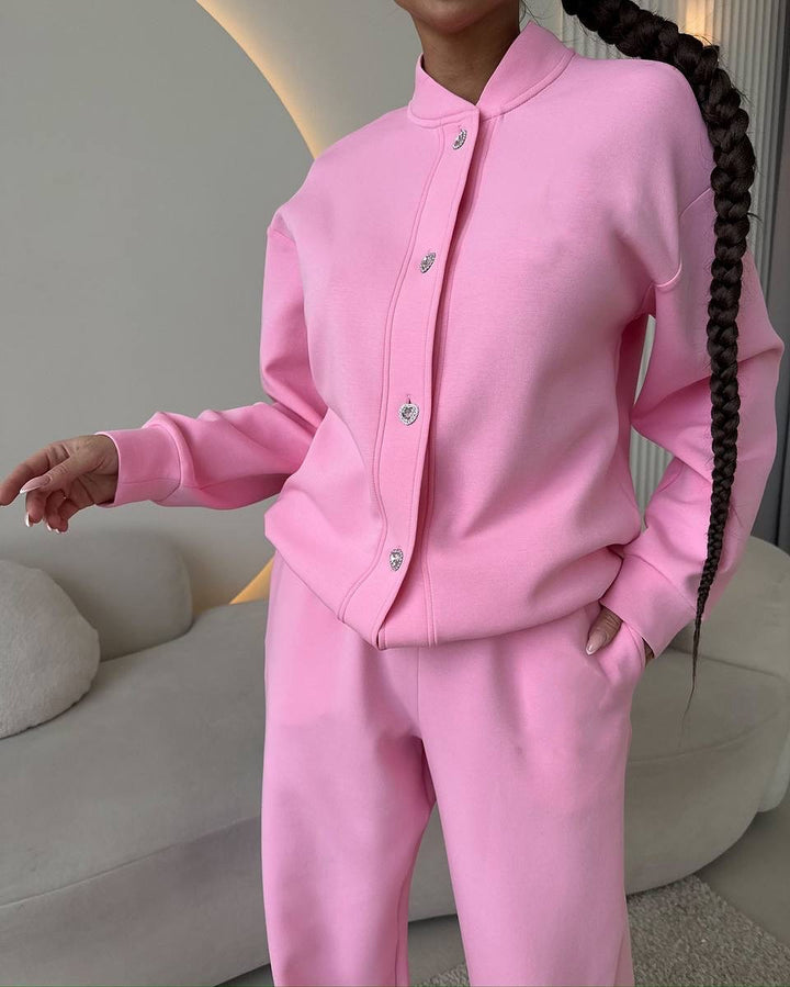 Damen Zweiteiliges Loungewear-Set mit Stehkragen, dekorativen Schmuckknöpfen und weitem Palazzo-Hosenbein Drune