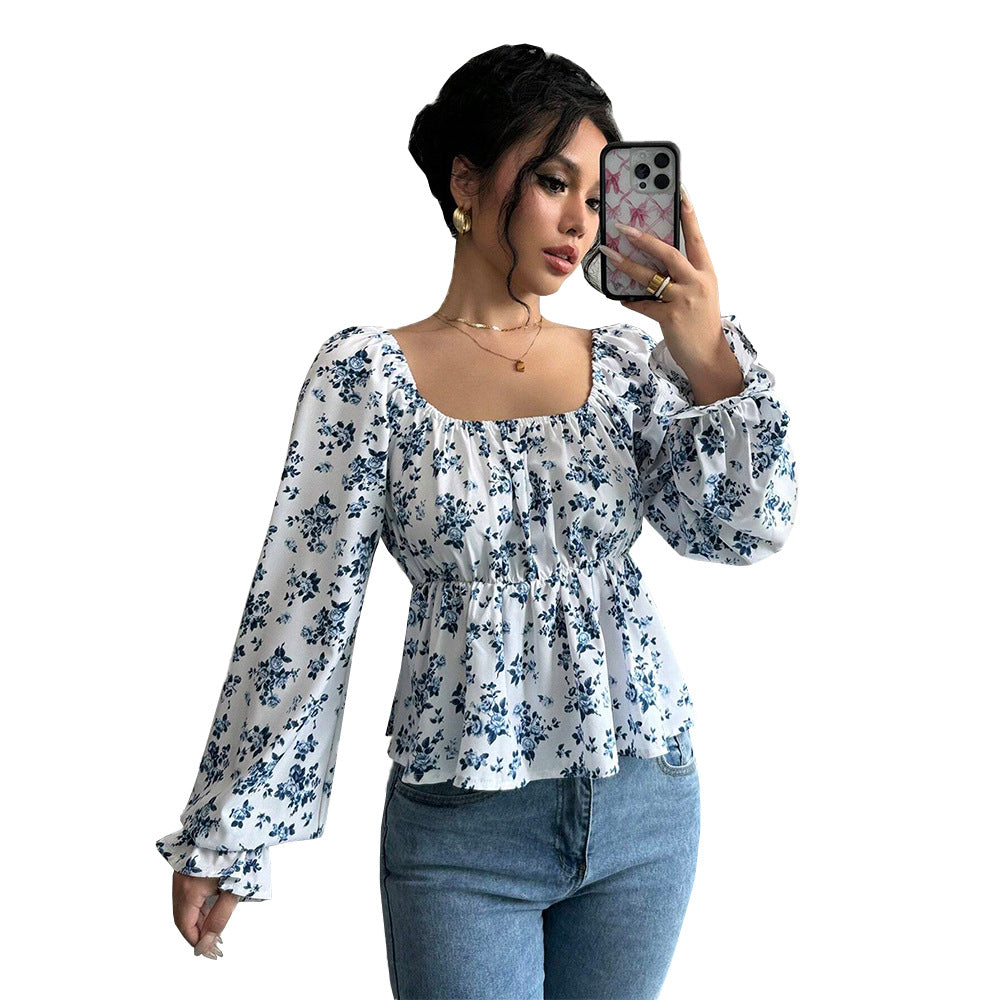 Damen geblümtes Carmen-Top mit geraffter Taillenlinie und Volant-Saum Drune